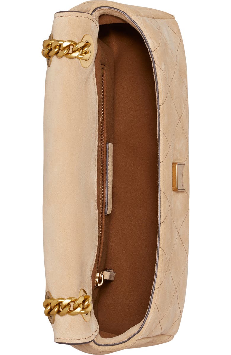 Tory Burch Charlie Quilted Suede Shoulder Bag, Alternate, color, Stone