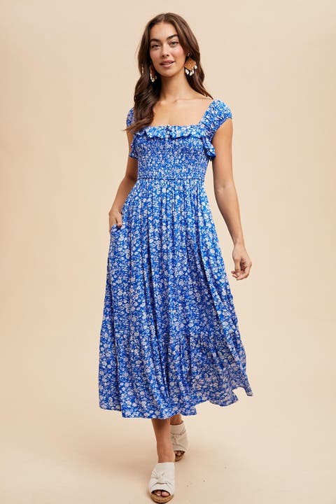 Floral Smocked Ruffle Detail Midi Dress