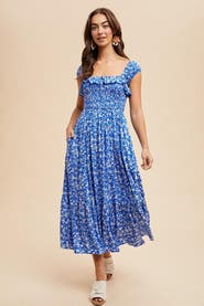 PinkBlush Floral Smocked Ruffle Detail Midi Dress