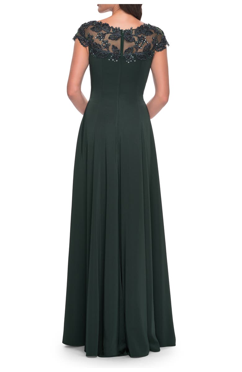 La Femme A-Line Satin Dress with Stunning Beaded Neckline and Short Sleeves, Alternate, color, Emerald