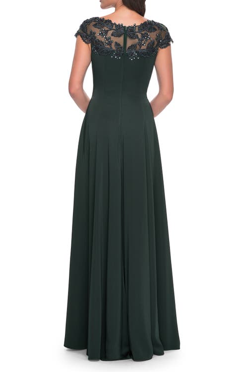 La Femme A-line Satin Dress With Stunning Beaded Neckline And Short Sleeves In Emerald