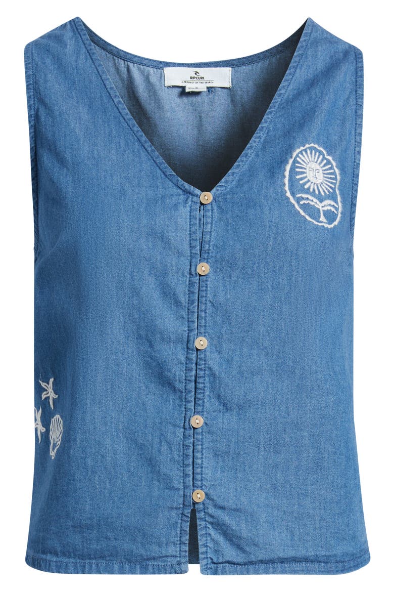 Catalina Island Denim Button-Up Sleeveless Top, Alternate, color, MID BLUE