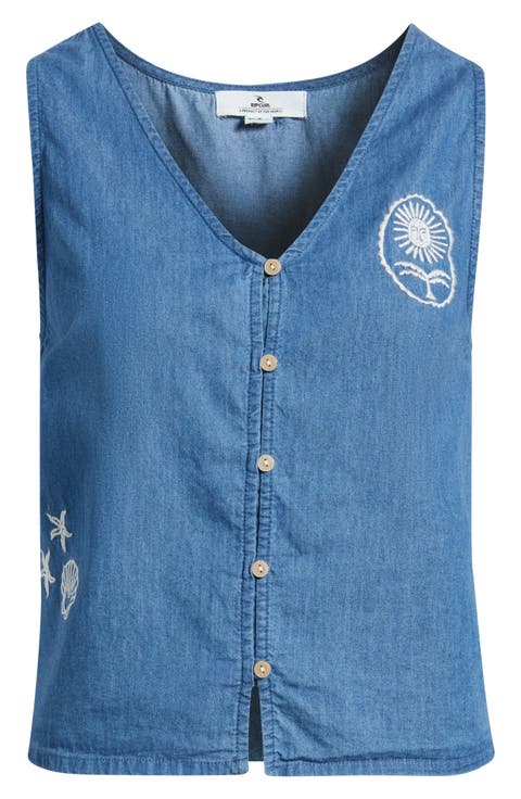 Catalina Island Denim Button-Up Sleeveless Top