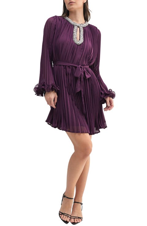 Jewel Keyhole Long Sleeve Pleated Dress