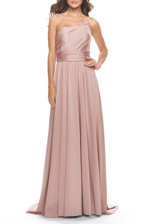 Chic One Shoulder Long Jersey Gown with Defined Waist