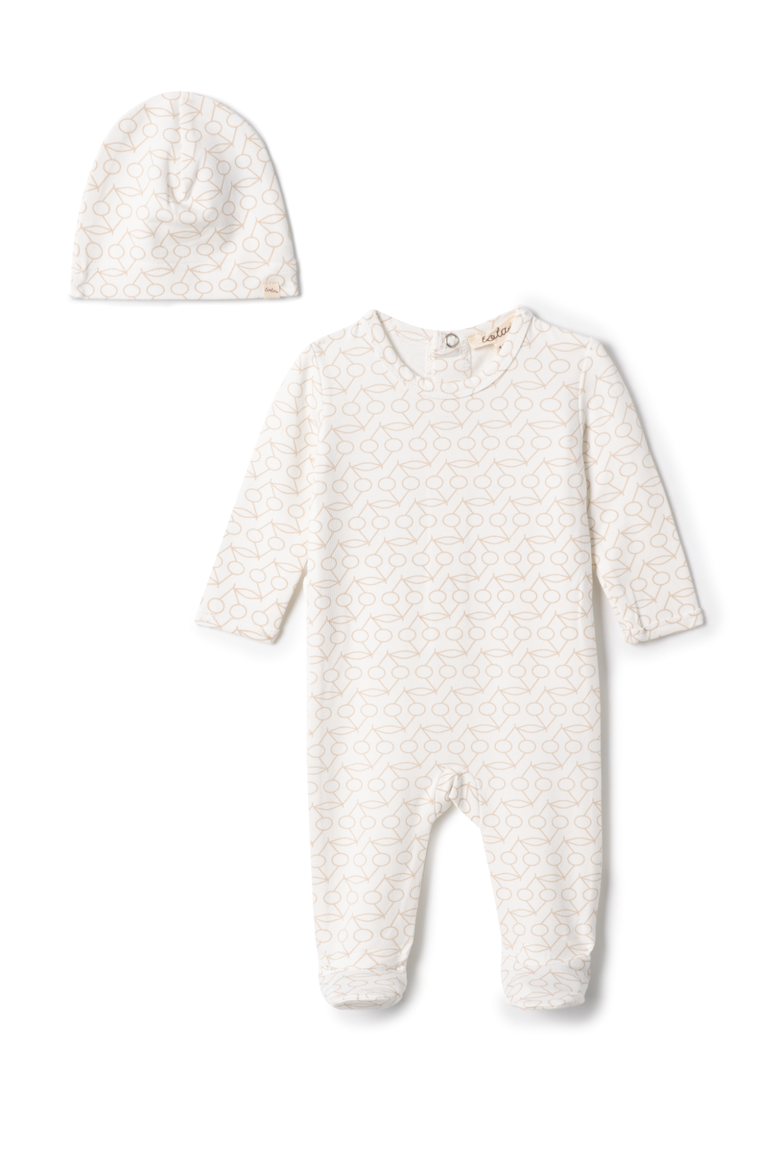 Cherry Print Rib Romper with Hat, Main, color, Off White