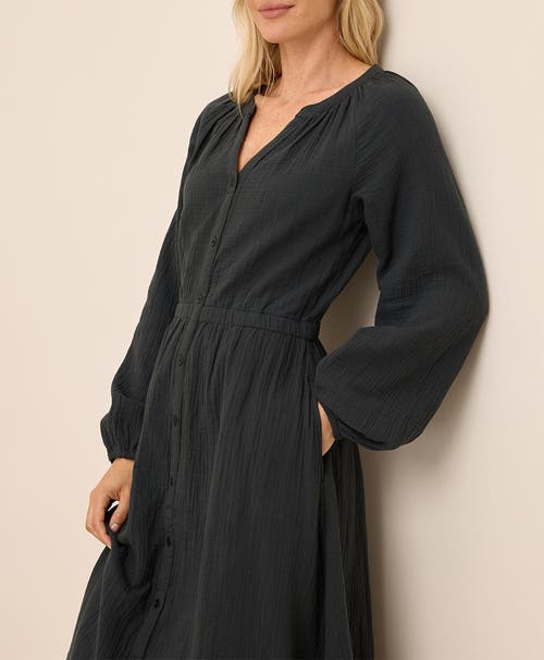 Pact Organic Cotton Coastal Double Gauze Poet Sleeve Dress In Black