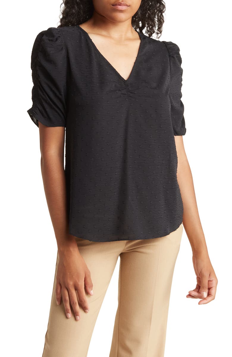 Everleigh Ruched Sleeve Swiss Dot Blouse, Main, color, 