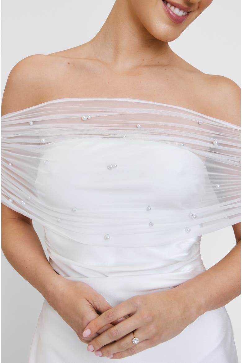 Bardot Detail Beaded Satin Midaxi Dress, Alternate, color, White