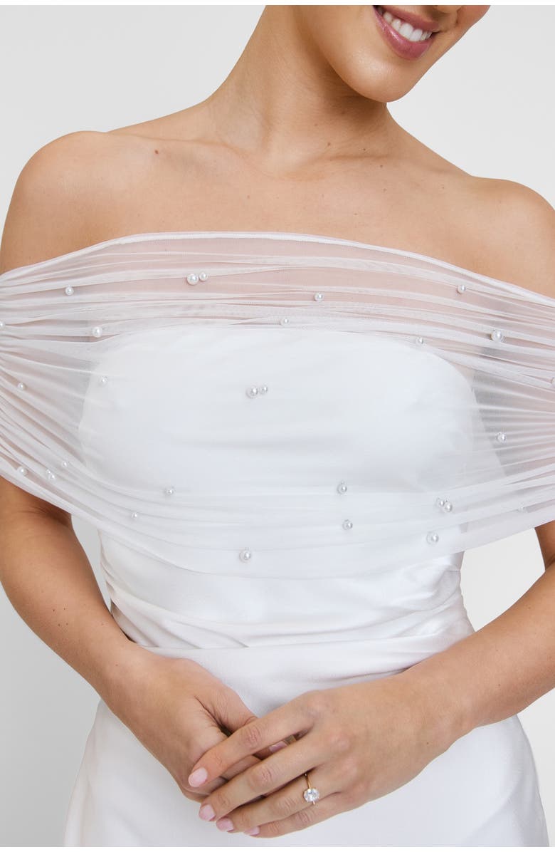 Six Stories Bardot Detail Beaded Satin Midaxi Dress, Alternate, color, White