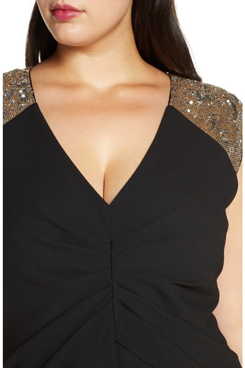 Sequin Yoke Scuba Crepe Trumpet Gown, Alternate, color, BLACK GOLD