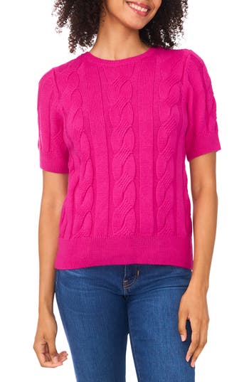 Cece Short Sleeve Cable Stitch Sweater In Pink