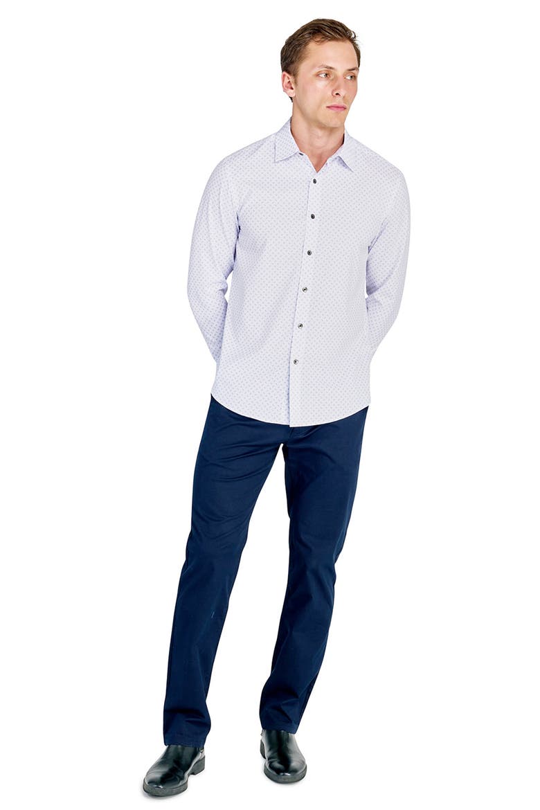 Trim Fit Abstract Square Print Performance Button-Up Shirt, Alternate, color, BLUE