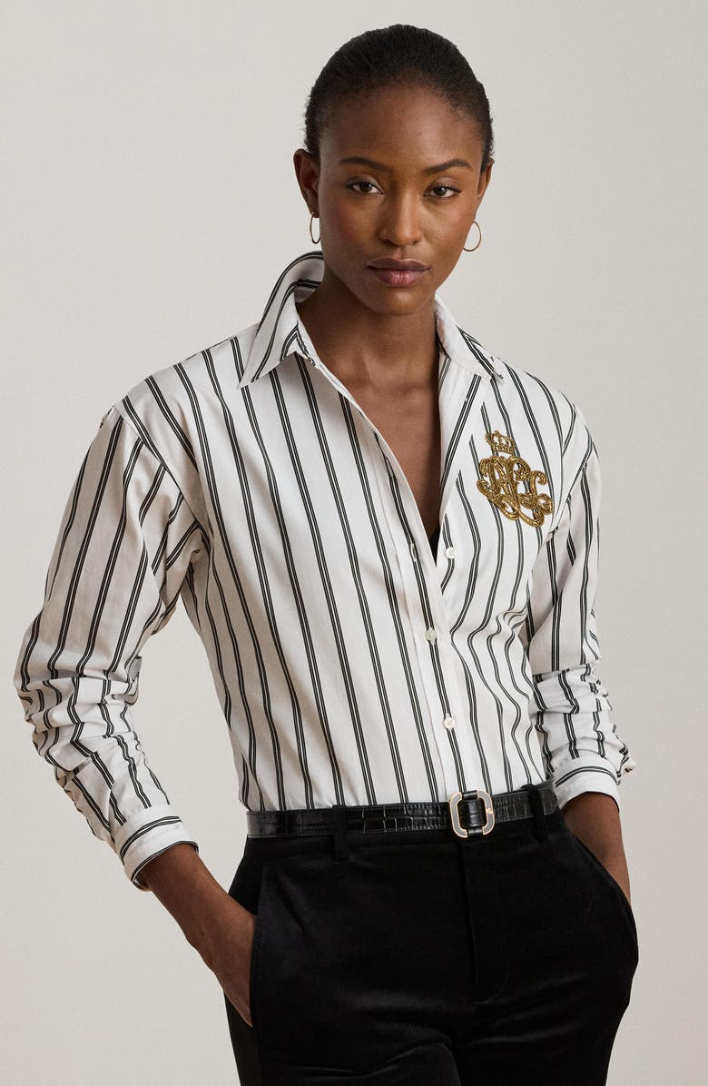 Lauren Ralph Lauren Relaxed Fit Stripe Cotton Button-Up Shirt, Alternate, color, White/ Black