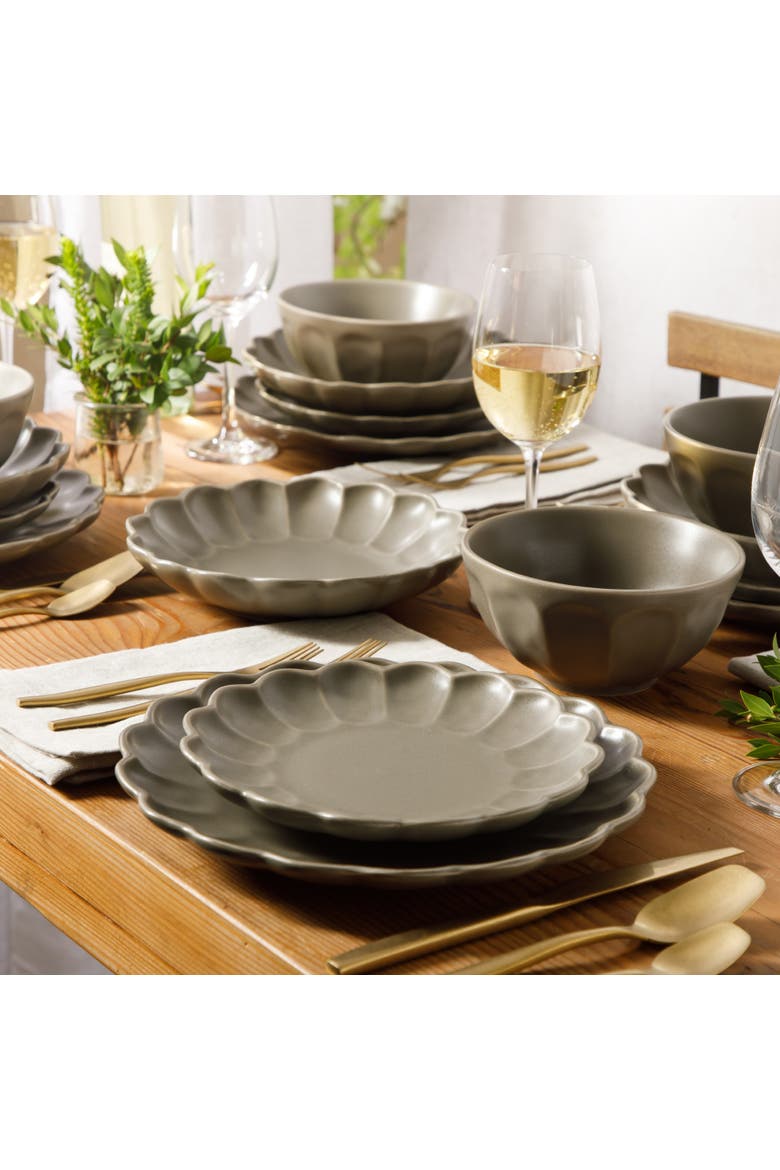 Yuelu Bloom 16 Piece Plates and Bowls Scallop Embossed Dinnerware Set, Alternate, color, Olive Stone