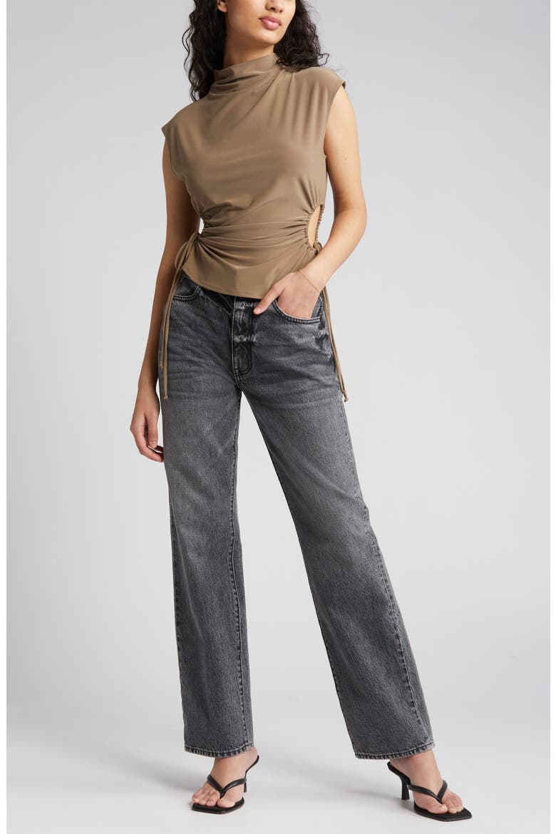 Ruched Cutout Mock Neck Top, Main, color, BROWN WALNUT