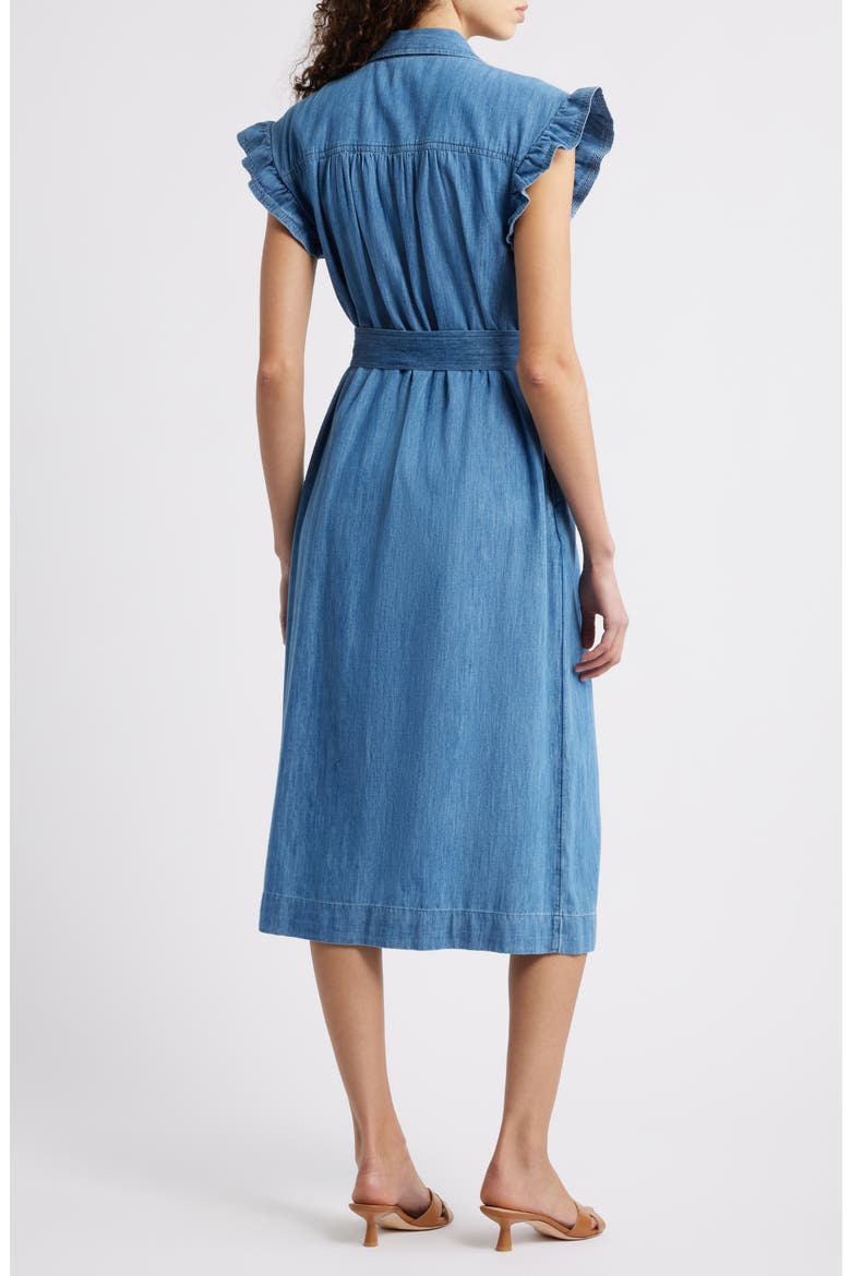 Tie Waist Denim Midi Dress, Alternate, color, MEDIUM WASH