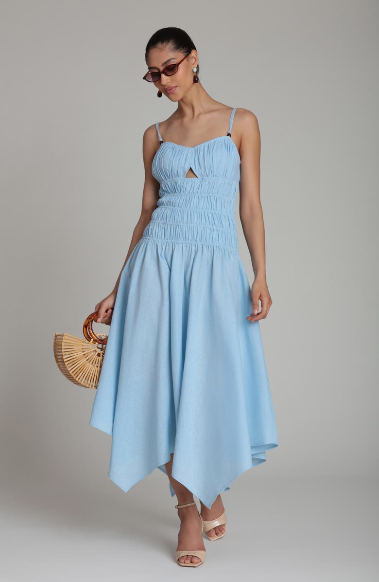 Avec Les Filles Shirred Handkerchief Midi Dress, Alternate, color, Light Blue