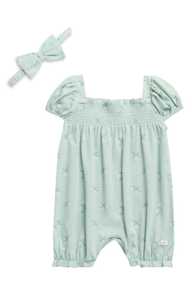 7 For All Mankind Smocked Romper & Headband Set, Main, color, Sea Green