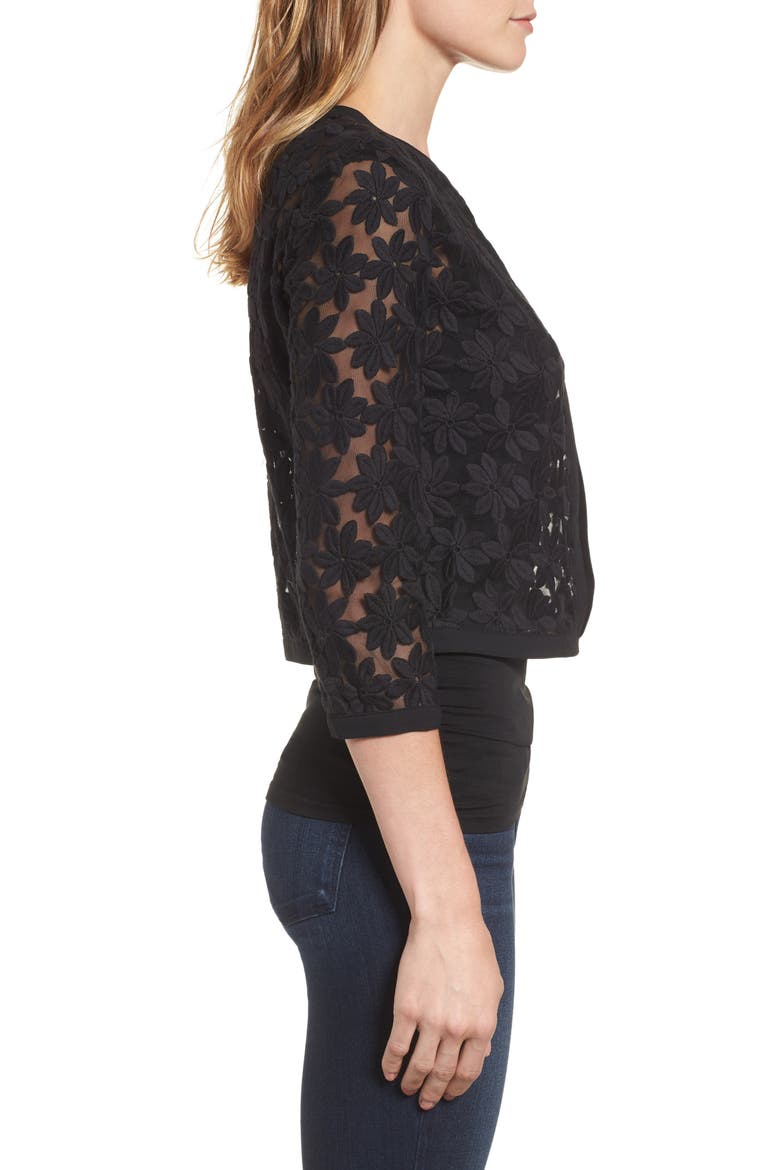 Anne Klein Floral Embroidered Mesh Cardigan, Alternate, color, BLACK