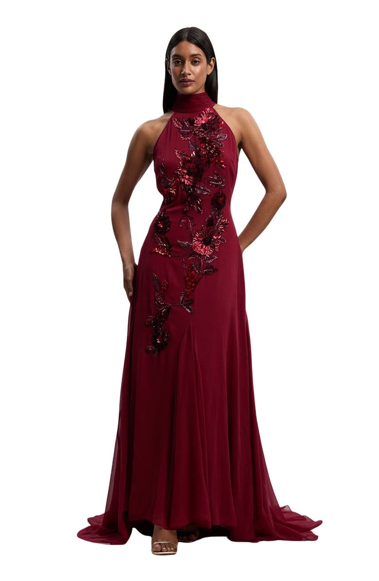 Karen Millen Petite Feather Halter Maxi Dress, Main, color, Wine