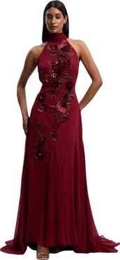 Karen Millen Petite Feather Halter Maxi Dress