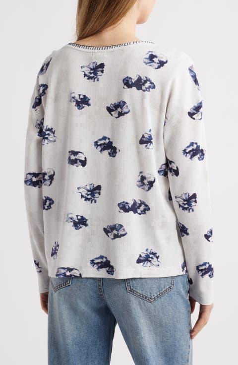Stamped Floral Long Sleeve Waffle Knit Top