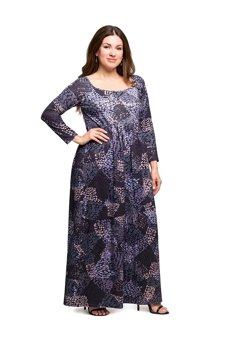 Long Sleeve Empire Waist Maxi Dress in Print, Alternate, color, Grey Multi