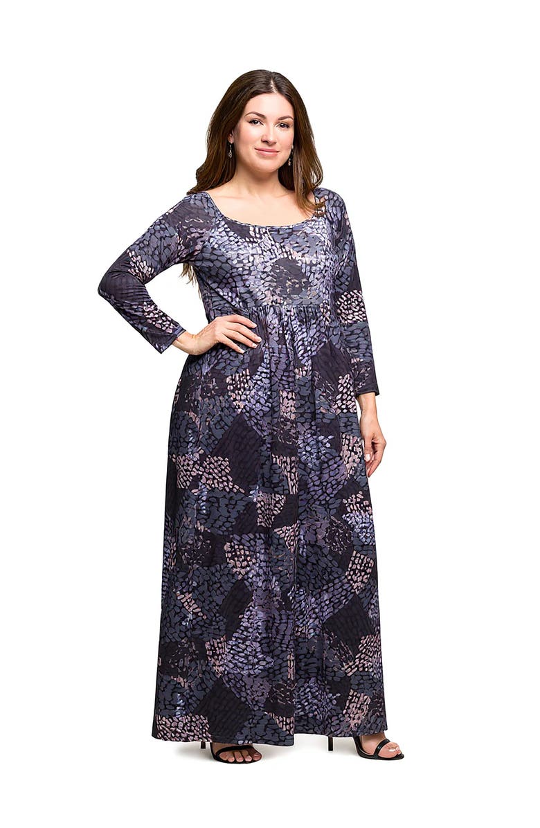 24seven Comfort Apparel Long Sleeve Empire Waist Maxi Dress in Print, Alternate, color, Grey Multi