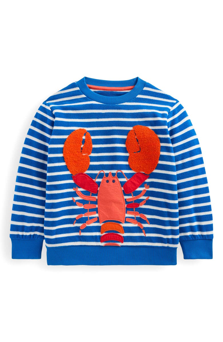 Mini Boden Kids' Stripe Lobster Appliqué Terry Cloth Graphic Sweatshirt, Main, color, 