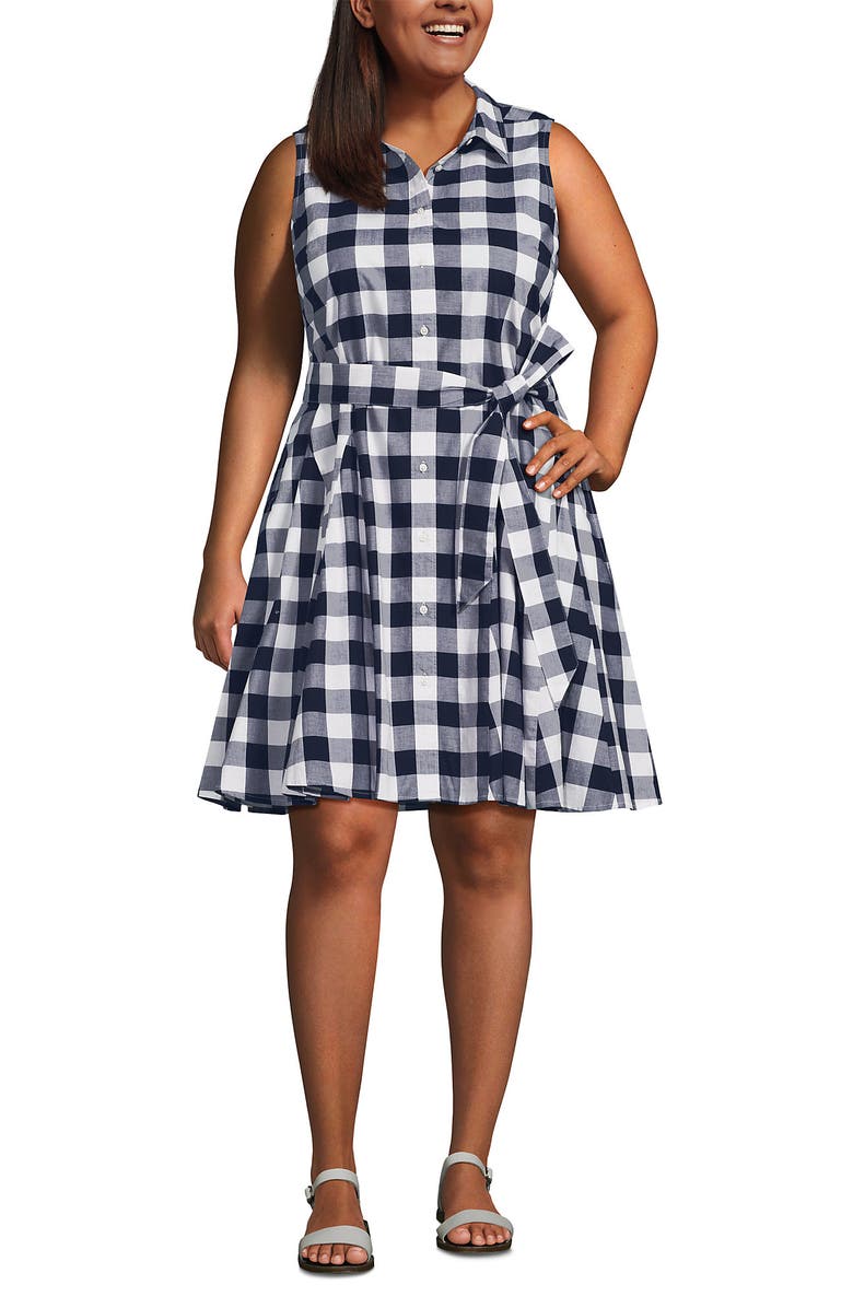 Lands' End Plus Size Poplin Button Front Dress with Godets, Main, color, Radiant Navy Gingham