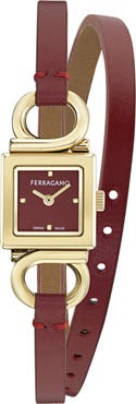 FERRAGAMO Gancio Evo Double Wrap Leather Strap Watch, 18mm