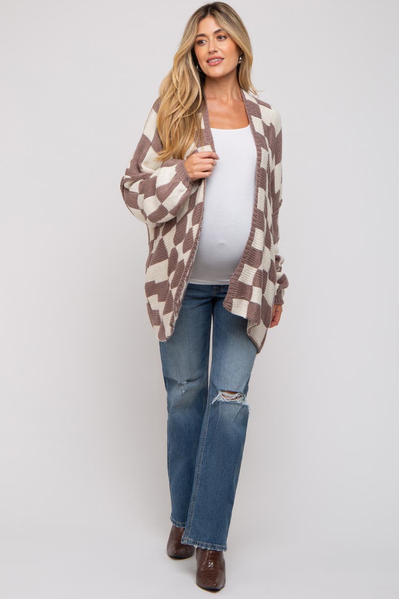 Checkered Print Oversized Cardigan, Alternate, color, Taupe