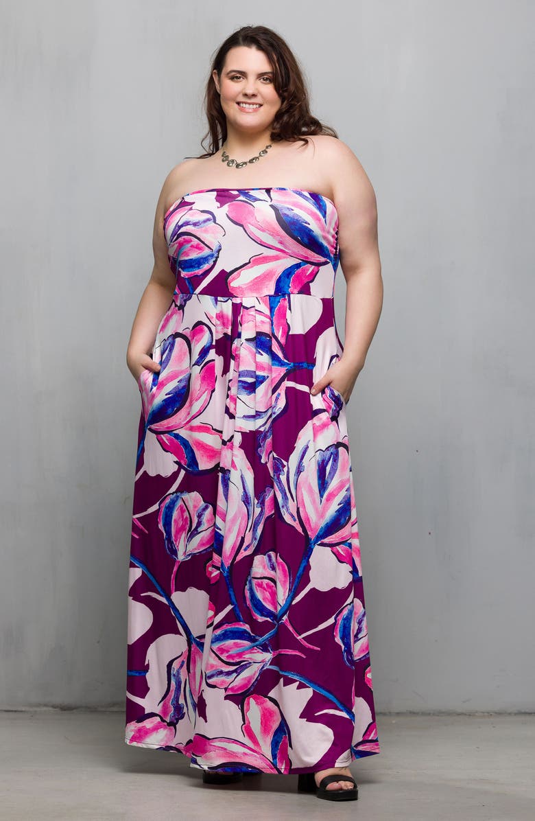 24seven Comfort Apparel Floral Strapless Knit Maxi Dress, Alternate, color,