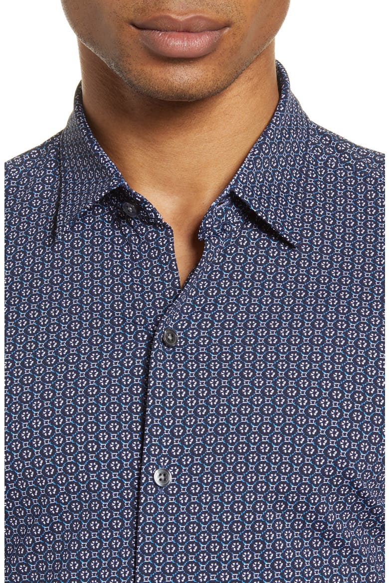 Robb Slim Fit Mini Floral Short Sleeve Button-Up Performance Shirt, Alternate, color, NAVY