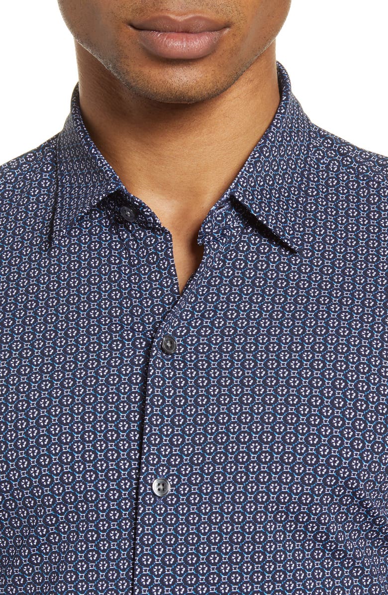 BOSS Robb Slim Fit Mini Floral Short Sleeve Button-Up Performance Shirt, Alternate, color, 