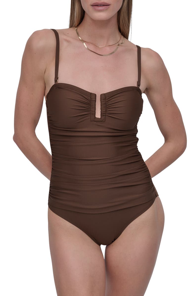 DKNY Shirred Bandeau One-Piece Swimsuit, Main, color, Mocha