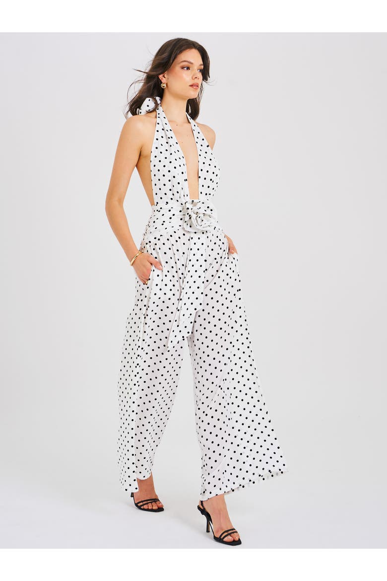 Oriana Halter Backless Polka Dot Jumpsuit, Alternate, color, White
