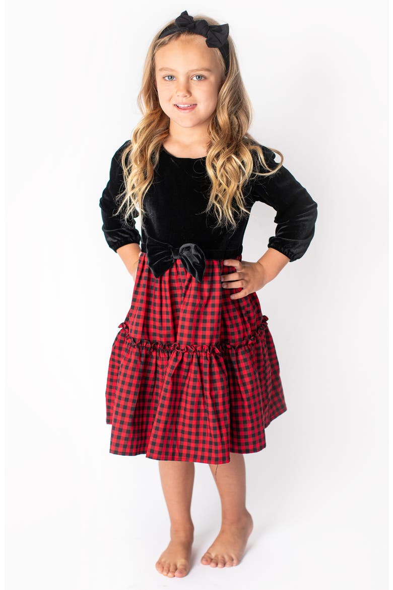 Kids' Check Long Sleeve Velvet Bodice Tiered Dress, Alternate, color, BLACK/ RED