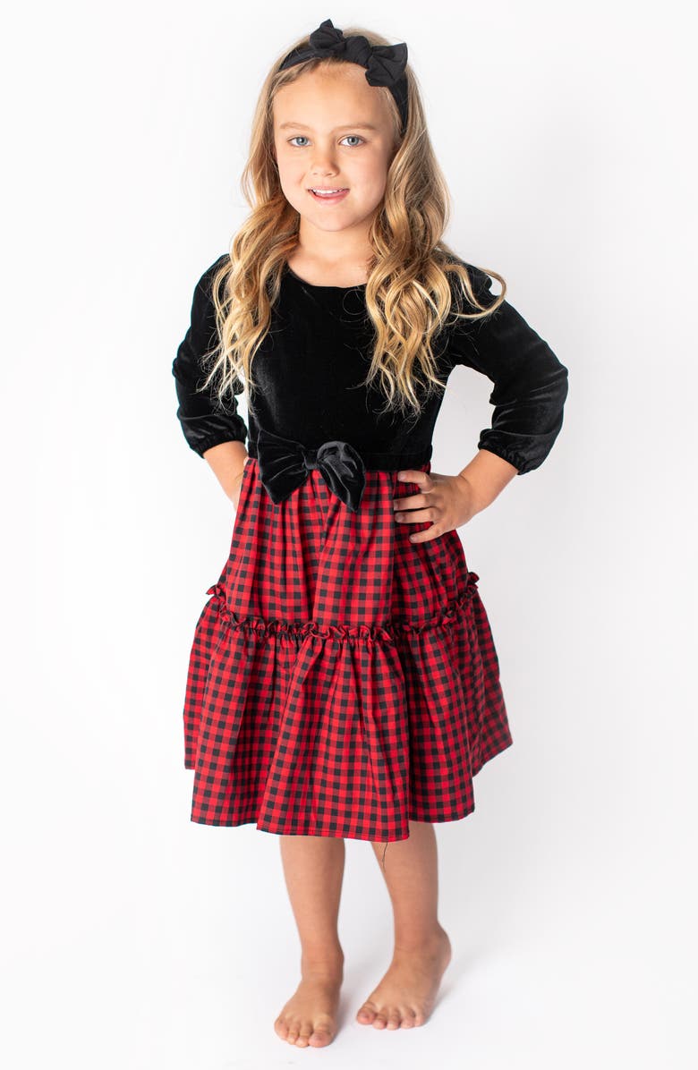 Popatu Kids' Check Long Sleeve Velvet Bodice Tiered Dress, Alternate, color, Black/ Red