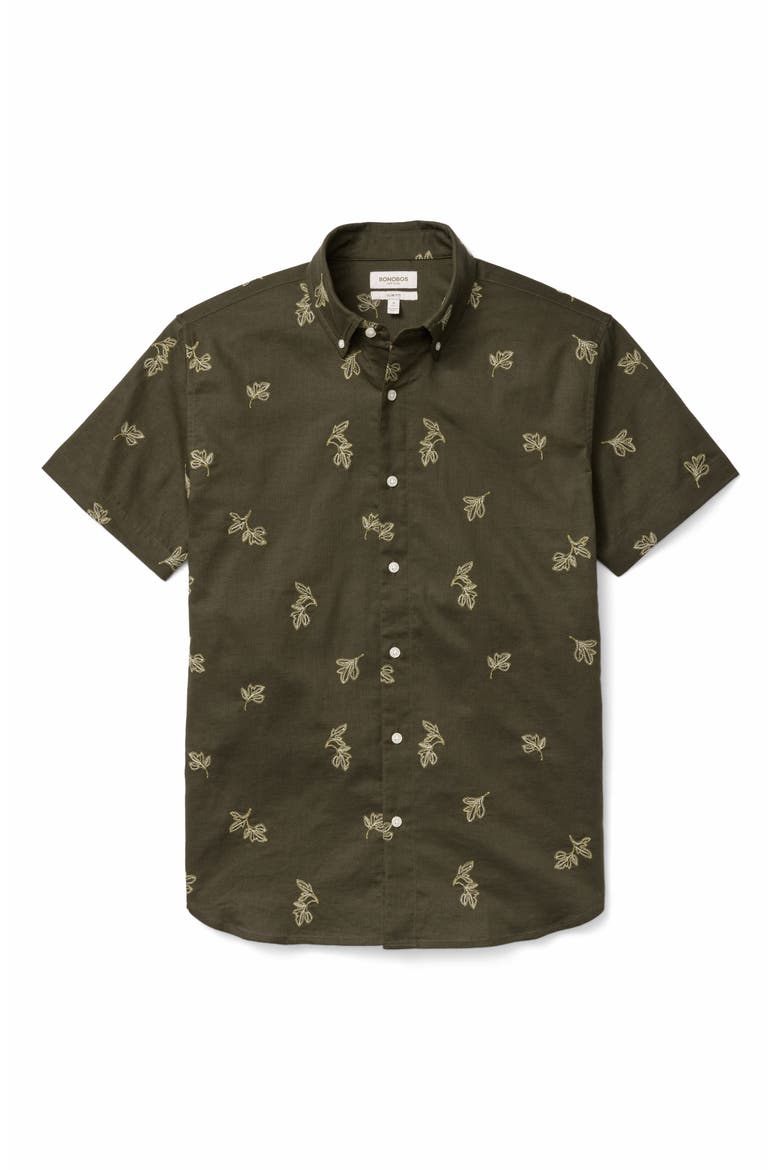 Montauk Embroidered Short Sleeve Button-Down Shirt, Alternate, color, GREEN LEAVES EMBROIDERY