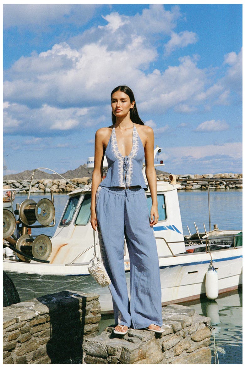 April Tie Front Halter Linen Cover-Up Top, Alternate, color, SHELL OR HIGH WATER