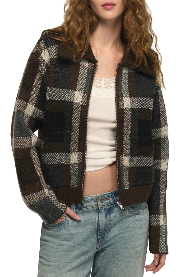 Plaid Sweater Bomber Jacket, Main, color, DARK BLACK