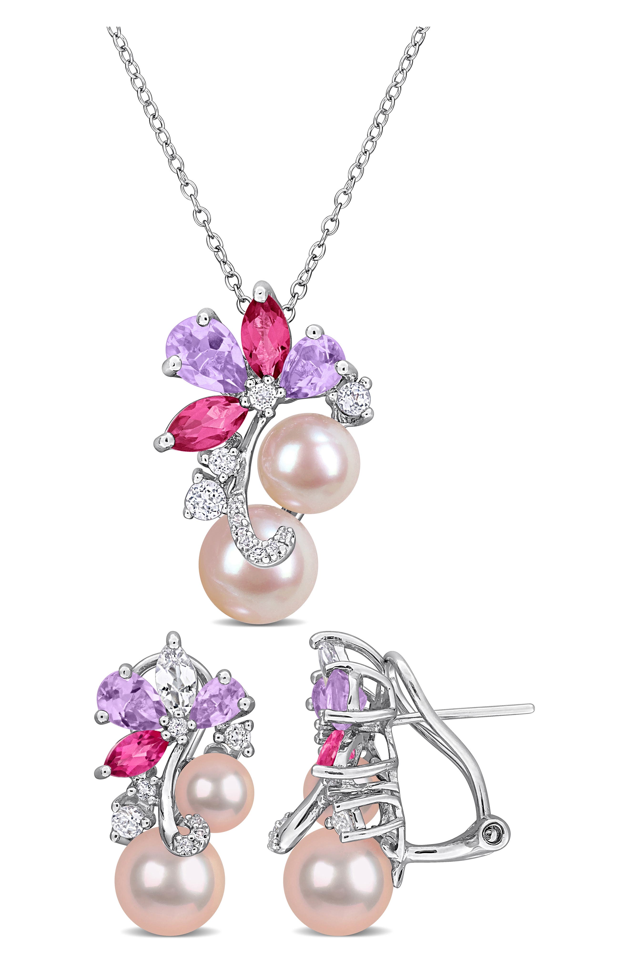 DELMAR 6-9mm Pink Cultured Freshwater Pearl & Stone Cluster Pendant Necklace & Stud Earrings Set