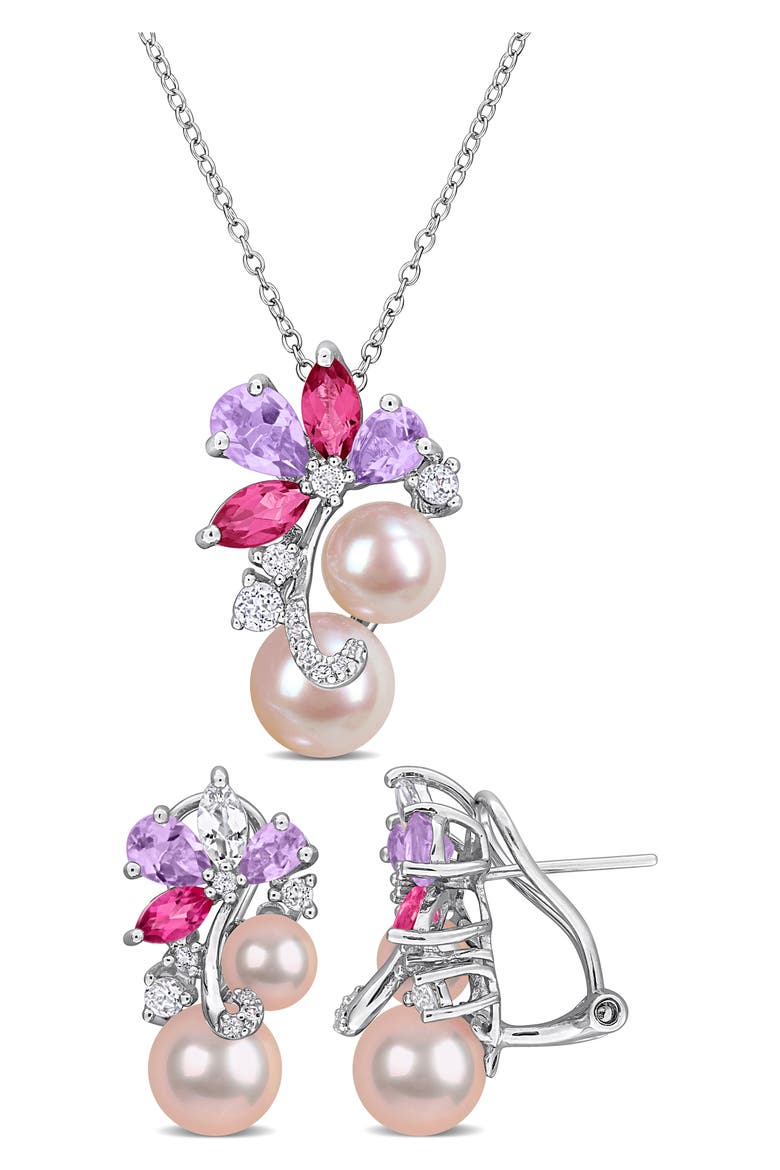 6-9mm Pink Cultured Freshwater Pearl & Stone Cluster Pendant Necklace & Stud Earrings Set, Main, color, PURPLE MULTI