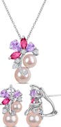 DELMAR 6-9mm Pink Cultured Freshwater Pearl & Stone Cluster Pendant Necklace & Stud Earrings Set