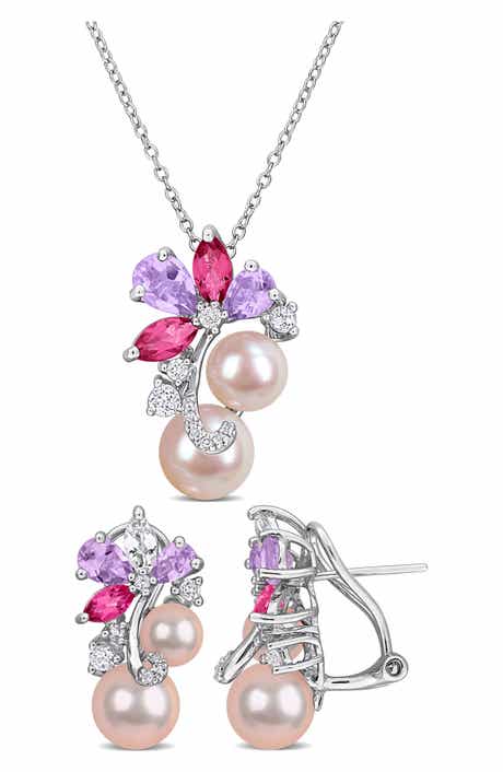 DELMAR 6-9mm Pink Cultured Freshwater Pearl & Stone Cluster Pendant Necklace & Stud Earrings Set