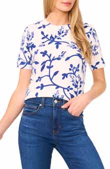 CeCe Printed Vines Short Sleeve Sweater