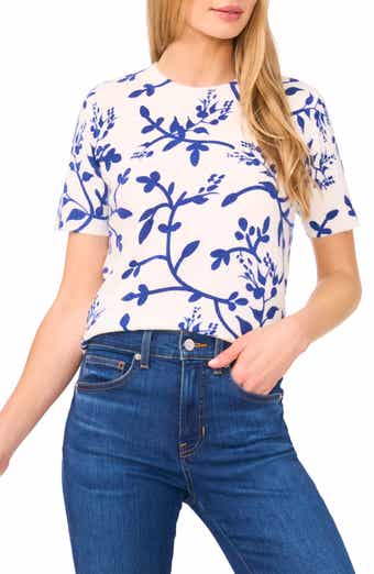 CeCe Printed Vines Short Sleeve Sweater