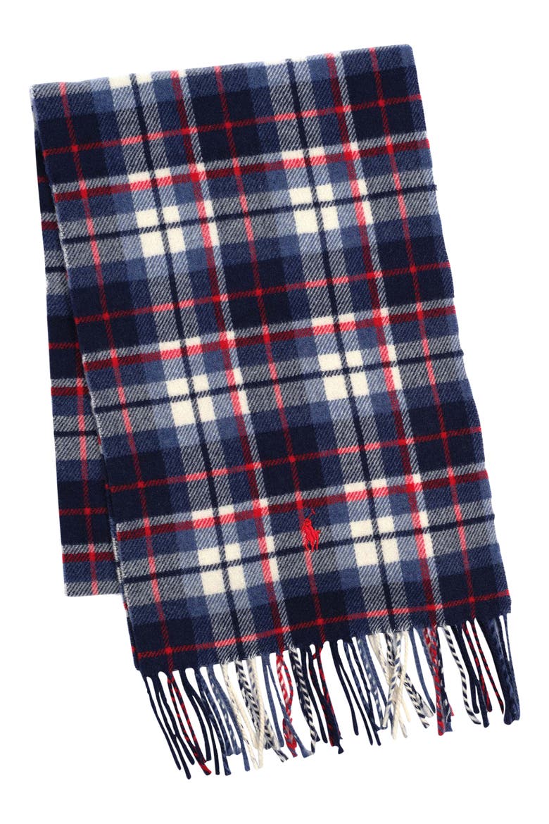 Plaid Recycled Wool Blend Scarf, Main, color, NAVY/ CREAM